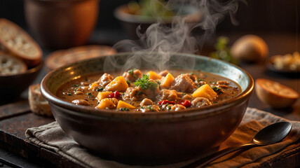 Steaming bowl of shkembe chorba in rustic kitchen, warm comfort food