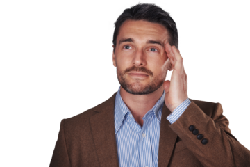 Businessman, vision or thinking of opportunity for future, growth or investment. Swedish person, financial analyst and idea for wealth, pension or retirement on isolated or transparent png background