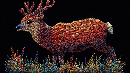 Obraz premium Vibrant Thread Deer Embroidery Art Detailed Wildlife Nature Artwork