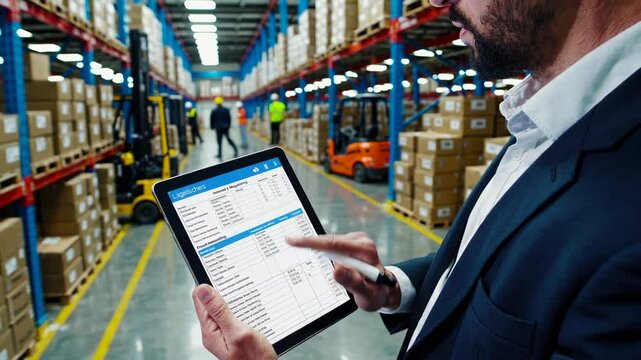 tablet and inspection for logistics in warehouse with inventory checklist, supply chain and distribution