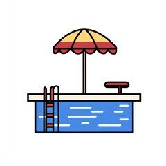 Naklejka premium Poolside summer relaxation; umbrella, ladder, diving board