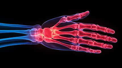 Detailed representation of a human hand skeleton showcasing bones and joints illuminated against a black background