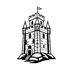 Majestic Medieval Castle Tower: A Black and White Architectural Illustration