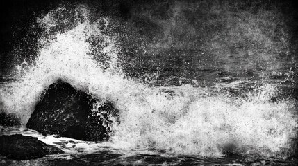 Dramatic Waves Crashing Against Rocks in Monochrome Seascape