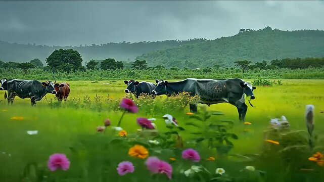 Sapi-sapi hitam putih merumput di padang rumput hijau yang luas di bidang peternakan