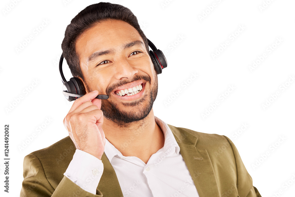 Aufkleber Call center, man and face with microphone for customer service, CRM questions and telecom advisory isolated on transparent png background. Happy asian salesman, consultant and thinking of IT support