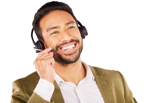 Call center, man and face with microphone for customer service, CRM questions and telecom advisory isolated on transparent png background. Happy asian salesman, consultant and thinking of IT support