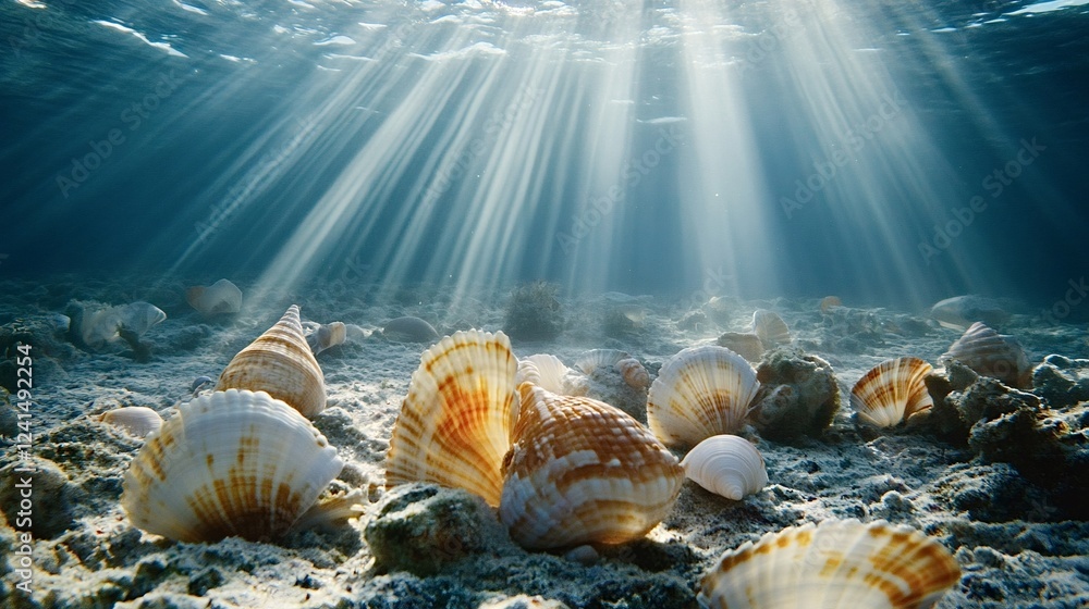 Poster sunbeams are shining through the water surface and illuminating seashells resting on the ocean floor