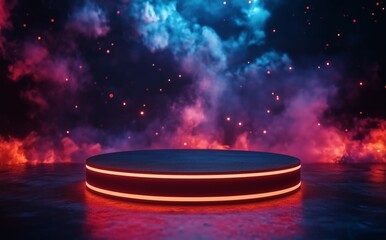 Vibrant stage with colorful fog and lighting in a dark atmosphere during a performance