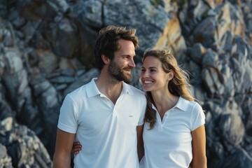 Fototapeta premium Portrait of a blissful couple in their 30s wearing a breathable golf polo in rocky cliff background