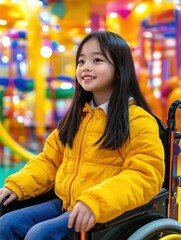 Fototapeta premium A cheerful girl in a yellow jacket sitting in a wheelchair at a colorful playground.