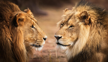 Fototapeta premium portrait of a lion and a lioness looking at each other vintage style