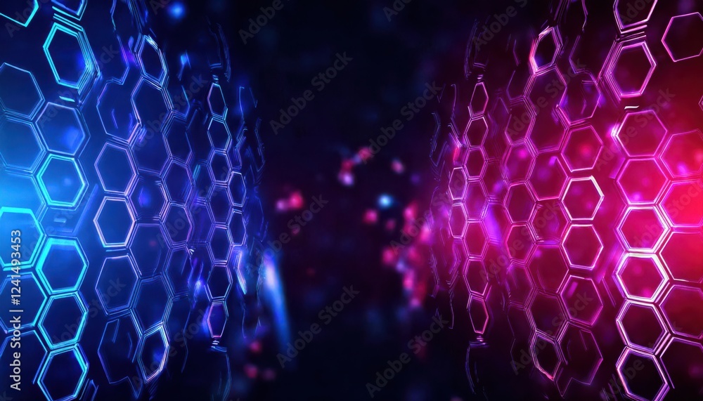 Poster futuristic neon hexagonal grid with glowing blue and pink lights, abstract cyber network background,