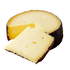 A round cheese wheel with a slice cut out, showcasing its creamy interior and textured rind.