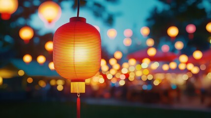 Festival Lanterns Illuminating Evening Celebration Outdoor Market Cheerful Atmosphere Close-Up Cultural Heritage