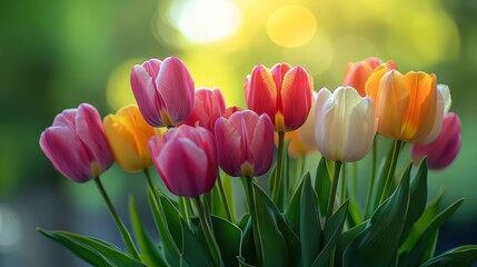 Colorful tulips blooming outdoors, sunlit bokeh background, spring bouquet