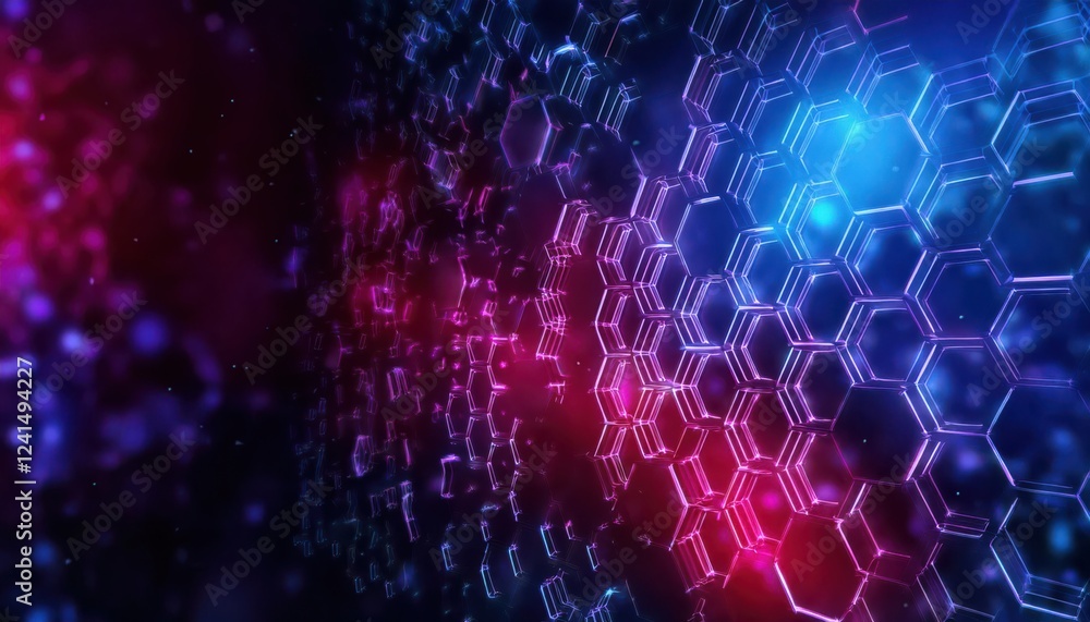 Poster futuristic neon hexagonal grid with glowing blue and pink lights, abstract cyber network background,