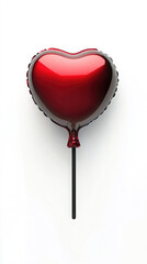 Heart-shaped balloon in vibrant red color on a black stick against a plain background
