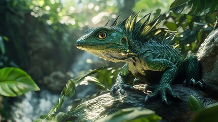 Obraz premium Detailed Close-up of a Vibrant Green Lizard in a Lush Jungle Setting
