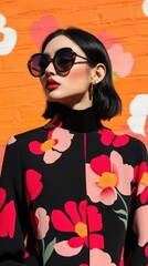 Fototapeta premium Fashion Forward Stylish Model Poses Against Vibrant Orange Wall Urban Setting Portrait Trendy Vibes