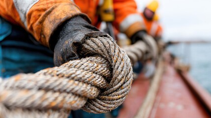 Workers secure thick rope on ship deck, ocean background