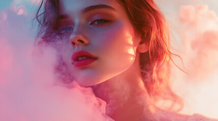Portrait of a woman surrounded by colorful smoke