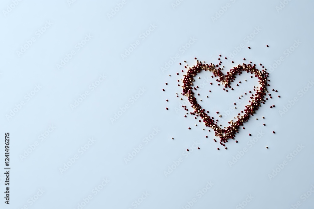 Poster heart shape made from scattered coffee grounds on white surface, creating romantic minimalist compos