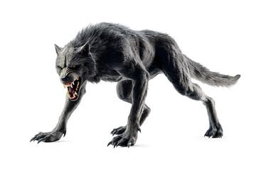 Fototapeta premium Realistic scary werewolf with wild appearance isolated on a white background. Ferocious werewolf snarling with menacing stance