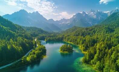 Fototapeta premium Mountain lake surrounded by lush forests and towering peaks in a clear blue sky
