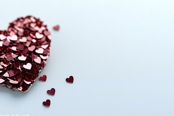 Romantic composition with burgundy metallic heart shape made of small heart confetti scattered on white background, copy space for Valentine's day message.
