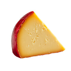 A wedge of cheese with a smooth, creamy texture and a reddish rind, showcasing a golden-yellow interior.