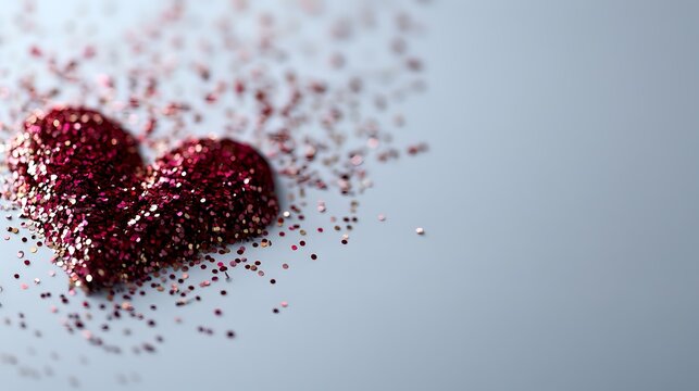 Red glitter heart shape on light gray background with scattered sparkles, romantic festive composition for Valentine's Day cards and love concepts.