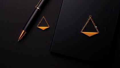 Elegant black notebook with a gold pen and geometric triangle ornament, perfect for creative planning.