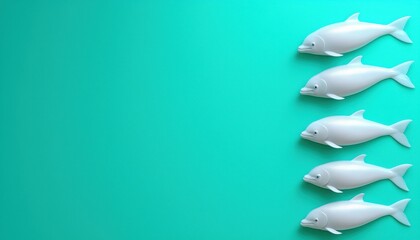 Five minimalist fish arranged on a vibrant turquoise background, symbolizing simplicity and creativity.