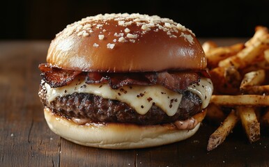 Juicy burger with melted cheese and crispy bacon served with golden fries on a wooden table