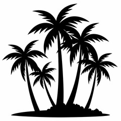 A set of isolated black vector silhouettes of various palm tree designs on a white background.