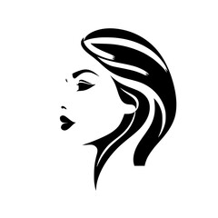 Elegant Woman Profile: Black and White Minimalist Vector Art.  A stylish graphic design featuring a female face and long hair, perfect for fashion, beauty, and profile illustrations.
