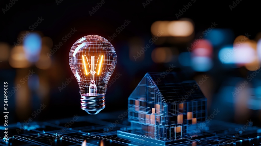 Poster glowing light bulb and digital house model floating over circuit board with blue technology backgrou