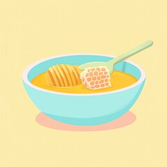 Honeycomb and honey in bowl, spoon, yellow background, breakfast food