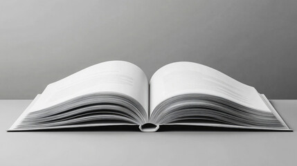 Open book rests on a minimalist table with a gray background, showcasing blank pages ready for writing or drawing