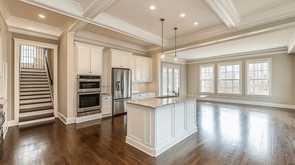 Modern kitchen island, hardwood floors, staircase, natural light, new home interior