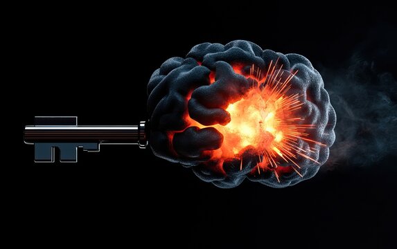A surreal image depicting a brain exploding from the end of a key, symbolizing the clash between intellect and idea.