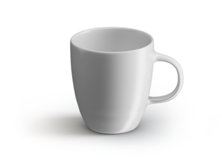 Blank white ceramic classic coffee mug cup mockup template isolated on transparent background.