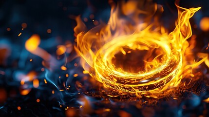 Fototapeta premium A fiery, glowing ring surrounded by vibrant flames and sparks, set against a dark, textured background, creating a dynamic visual effect.