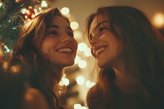 Two young Caucasian women with radiant smiles share joyful moment near Christmas tree, warm bokeh lights creating magical holiday atmosphere and intimate festive mood.