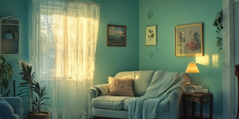 Sunlit Living Room Corner with Teal Walls and Comfortable Sofa