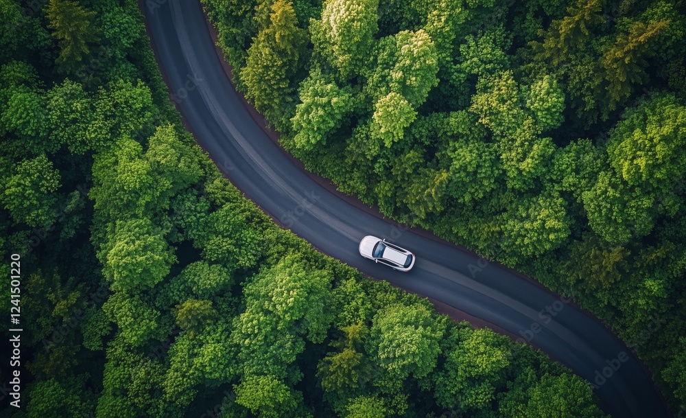 Sticker Scenic drive through a lush green forest along a winding road at sunrise