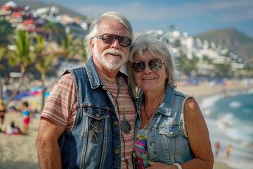 Portrait of a blissful couple in their 60s wearing a rugged jean vest in bustling beach resort background