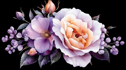   A close-up of a bouquet of flowers on a black background with leaves and buds