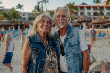 Naklejka premium Portrait of a blissful couple in their 60s wearing a rugged jean vest isolated in bustling beach resort background